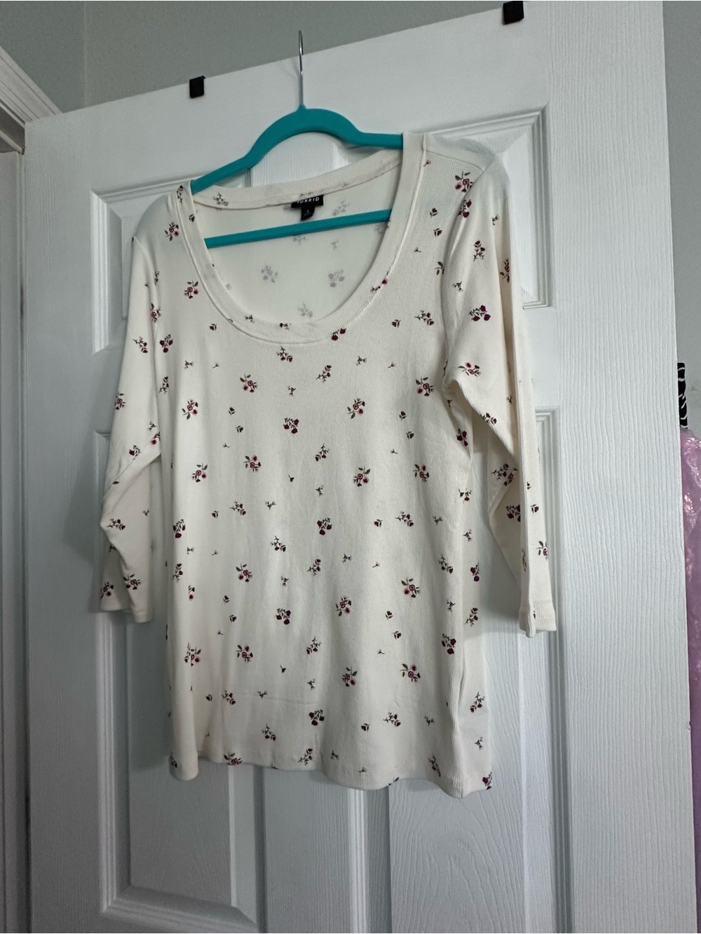 torrid Cream Long Sleeve Scoop Neck Top with Pink Floral Print